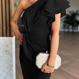 Caz - Off-shoulder Ruffle Sleeve Slit Midi Dress