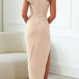 Caz - Off-shoulder Ruffle Sleeve Slit Midi Dress