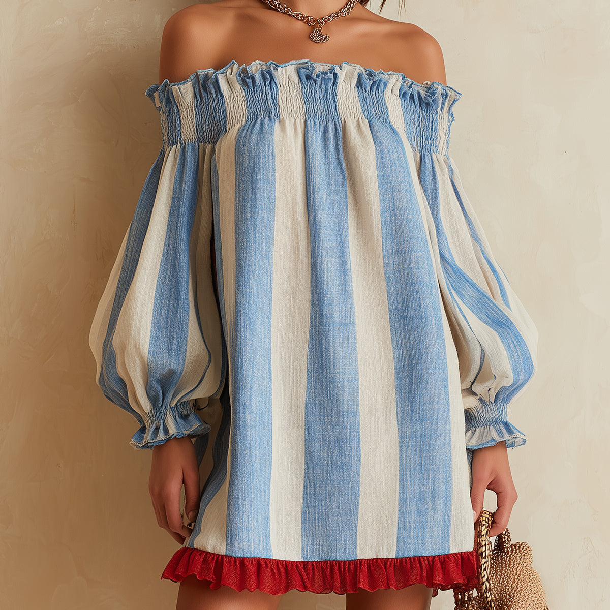 Blå och vit randig miniklänning med off shoulder-ringning