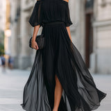 Annetta - Black Off-Shoulder Pleated Chiffon Maxi Dress