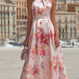Violetta - Midi Dress with Halter in Watercolor Floral Pattern