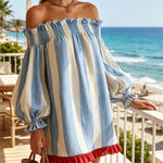 Blå och vit randig miniklänning med off shoulder-ringning – bild 3
