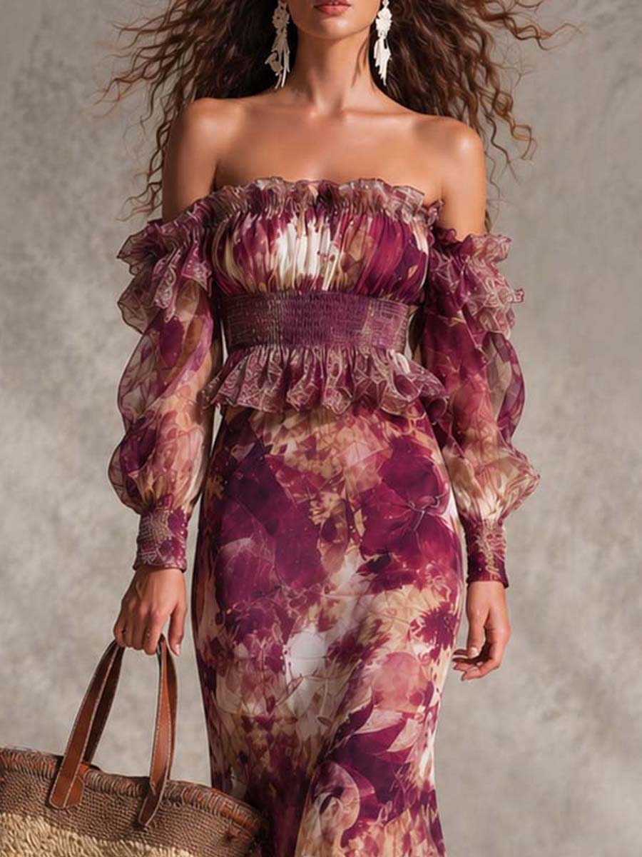Blommig maxiklänning i chiffong med off shoulder-ringning – bild 2