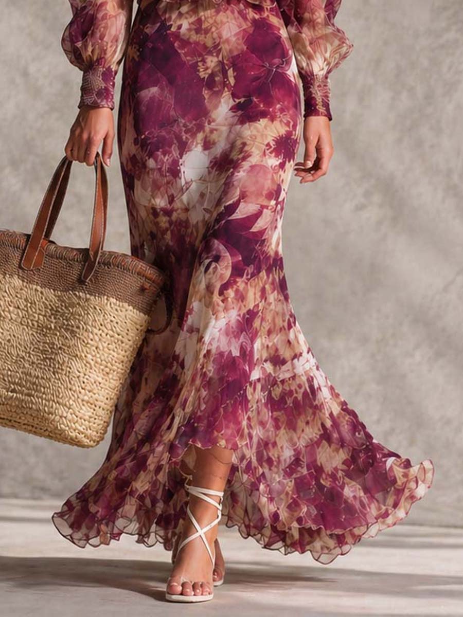 Blommig maxiklänning i chiffong med off shoulder-ringning – bild 3