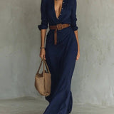 Kiara - Long Sleeve Lapel Collar Maxi Dress