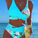 Bikini with Contrasting Floral Pattern and Split