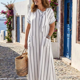 Elaris | Short Sleeve Striped Tie Neck Pocket Midi Dress