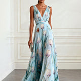 Nerea - Elegant Tulip Print V-neck Maxi Dress