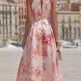 Violetta - Midi Dress with Halter in Watercolor Floral Pattern