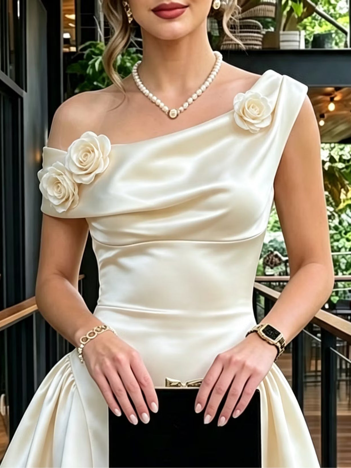 Satinminiklänning med asymmetriska axlar och 3D-blommor – bild 3