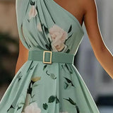 Sella - Ruched One Shoulder A-Line Maxi Chiffon Dress