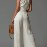 Abigail - V-neck Sleeveless Zip-up Pleated Wide-leg Chiffon Jumpsuit