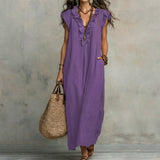 Hazel | Long Linen-Textured Dress with V-Neck and Ruffles