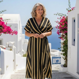 Lina | Short Sleeve V Neck Striped Wrap Midi Dress