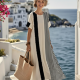 Elara | Round Neck Short Sleeve Striped Maxi Dress