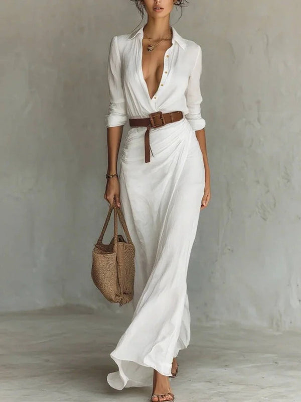 Women Ruched Maxi Shirt Dress Belted Long Sleeve Button Front