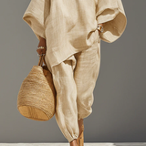 Caroline - Light Khaki Asymmetrical Minimalist Top and Jogger Pants Set