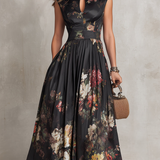 Rosie - Black Keyhole Collar Floral Pleated Satin Midi Dress