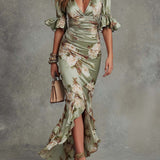 Anastasia | Asymmetrical Long Green Satin Dress