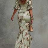 Anastasia | Asymmetrical Long Green Satin Dress