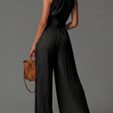 Abigail - V-neck Sleeveless Zip-up Pleated Wide-leg Chiffon Jumpsuit