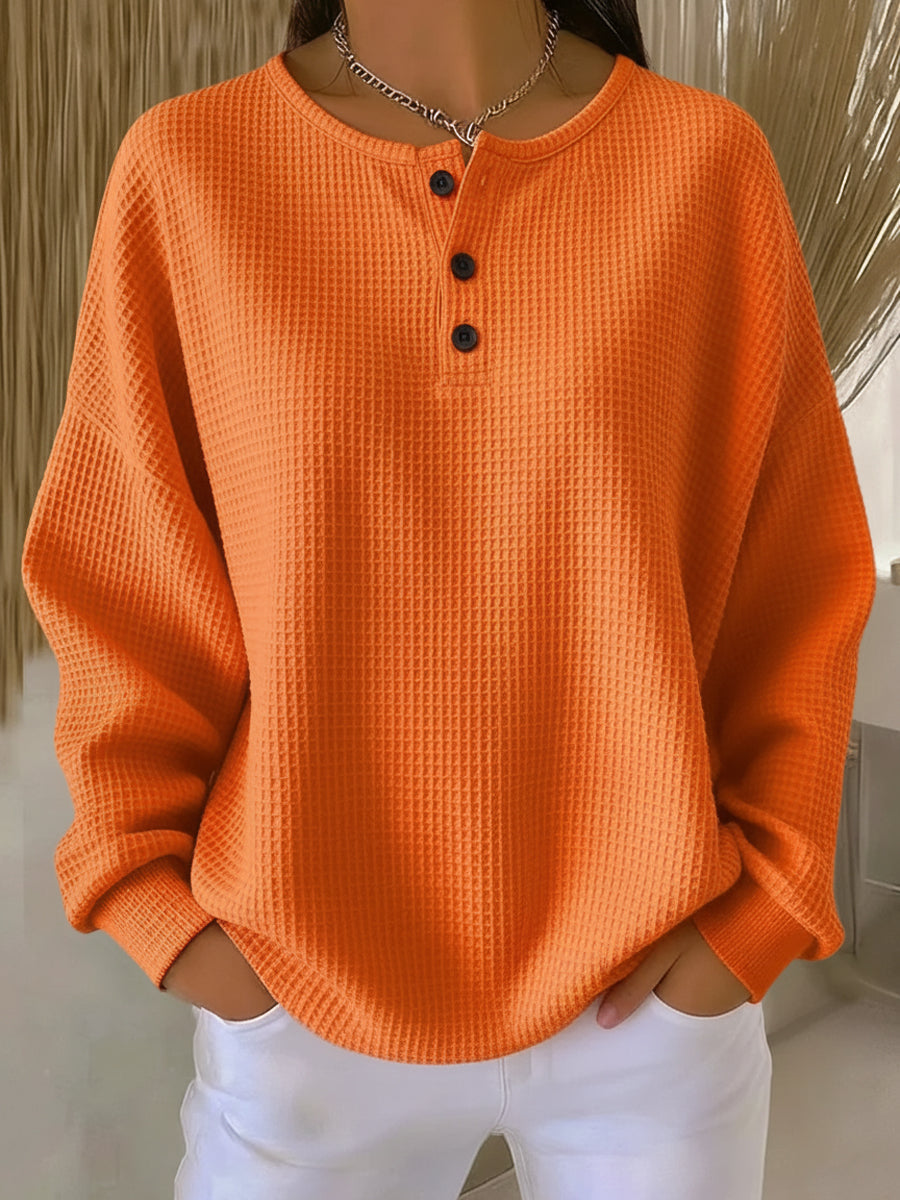 Miranda | Våffelstickad sweatshirt i henleymodell