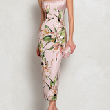 Amber - Pink Floral Satin Square Neck Midi Dress
