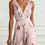 Nerea - Elegant Tulip Print V-neck Maxi Dress