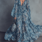 Grace - Bohemian Style Blue Floral Print Chiffon Maxi Dress