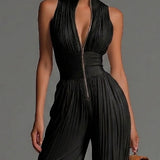Abigail - V-neck Sleeveless Zip-up Pleated Wide-leg Chiffon Jumpsuit