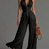 Abigail - V-neck Sleeveless Zip-up Pleated Wide-leg Chiffon Jumpsuit
